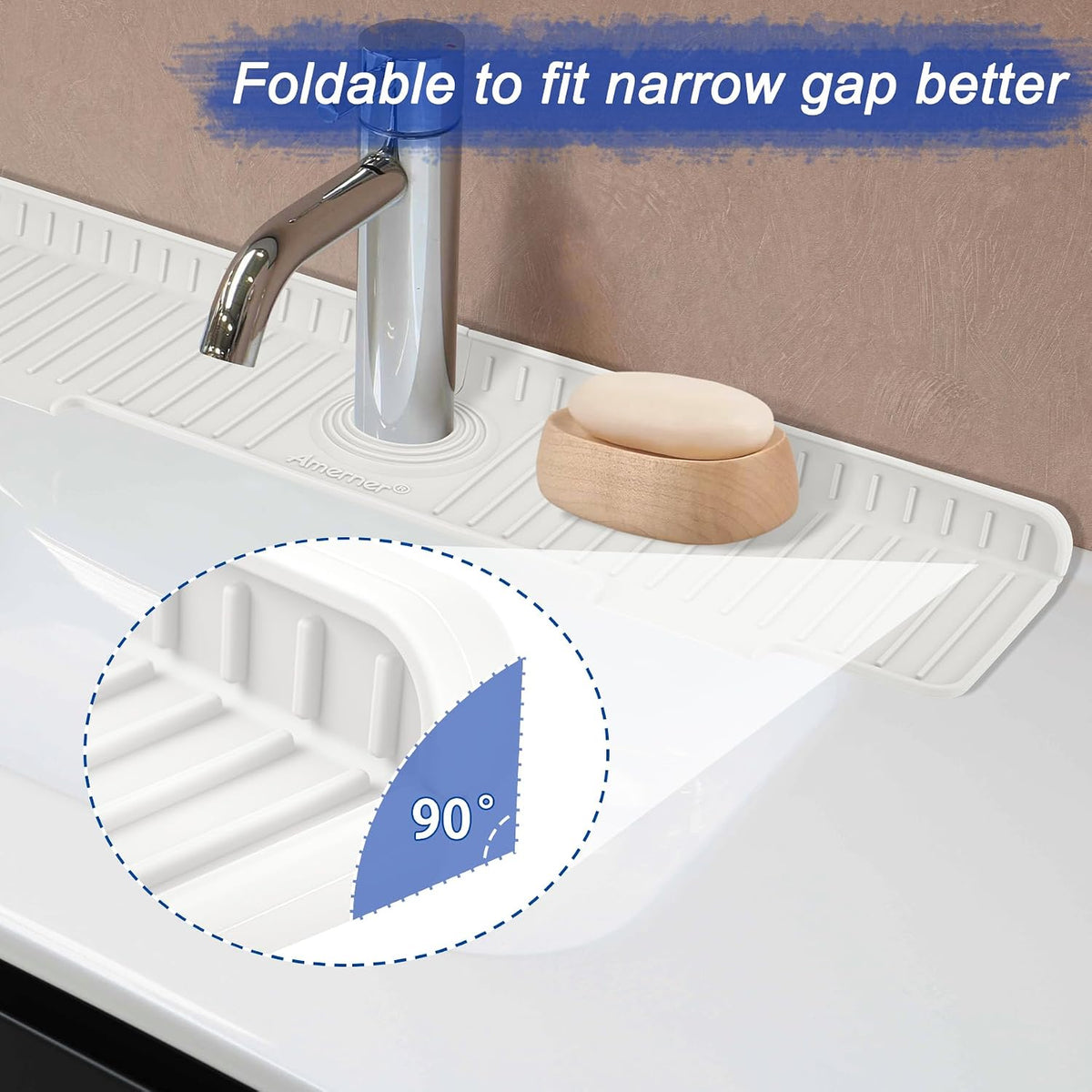 Kitchen Sink Splash Guard, 20IN Longer Silicone Faucet Guard &amp; Draining Mat, Bathroom and Kitchen Sink Organizer, Sink Faucet Mat Water Splash Guard Behind Faucet Accessories Gadget, 20” x 5.5”, White