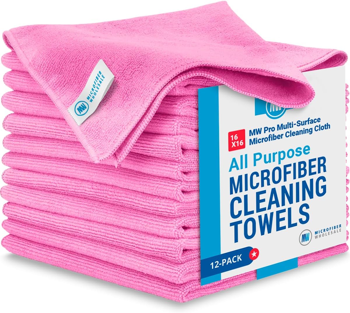 MW Pro Microfiber Cleaning Cloth | Pink | 12 Pack | 16” x 16” | All Purpose Microfiber Towels - Clea