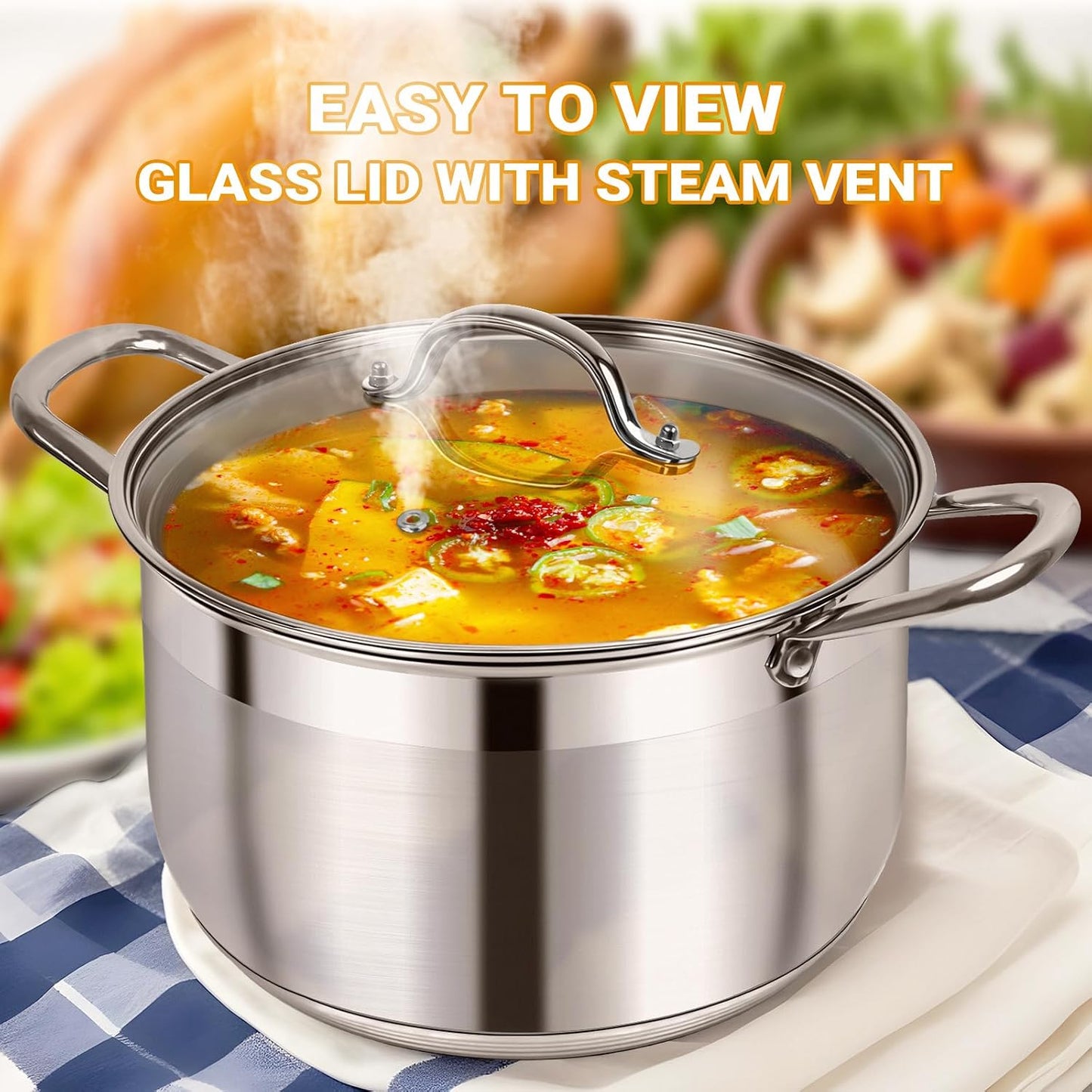 Kirecoo 8 Quart Stainless Steel Induction Stock Pot with Visible Lid | Heavy Duty, Even Heat, Thick Nonstick Base, Deep