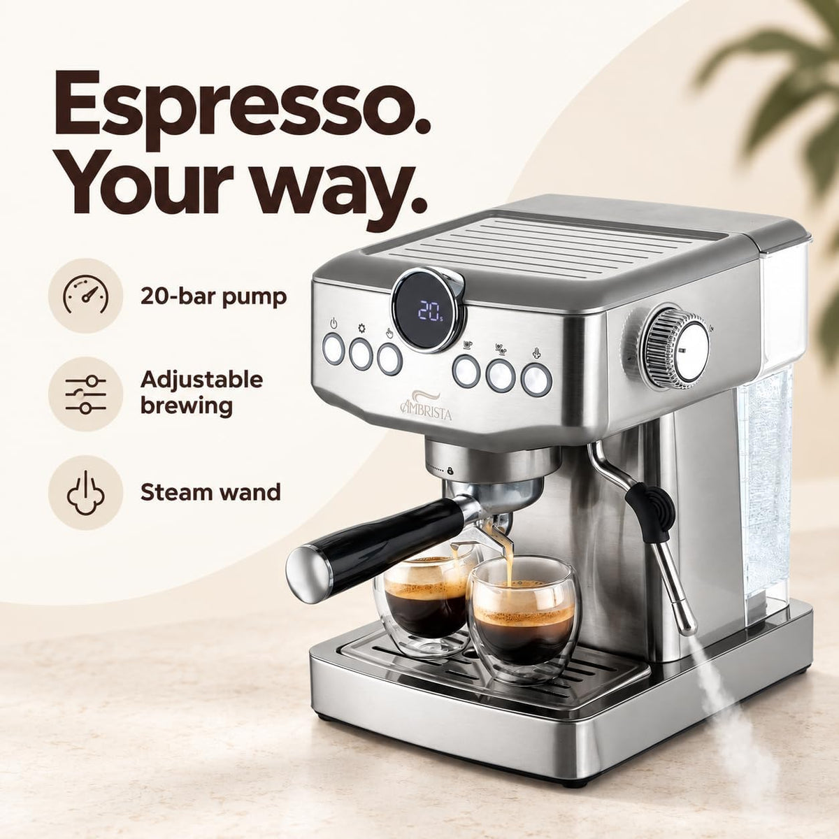 Espresso Machine, 20 Bar, Steam Wand for Lattes and Cappuccinos