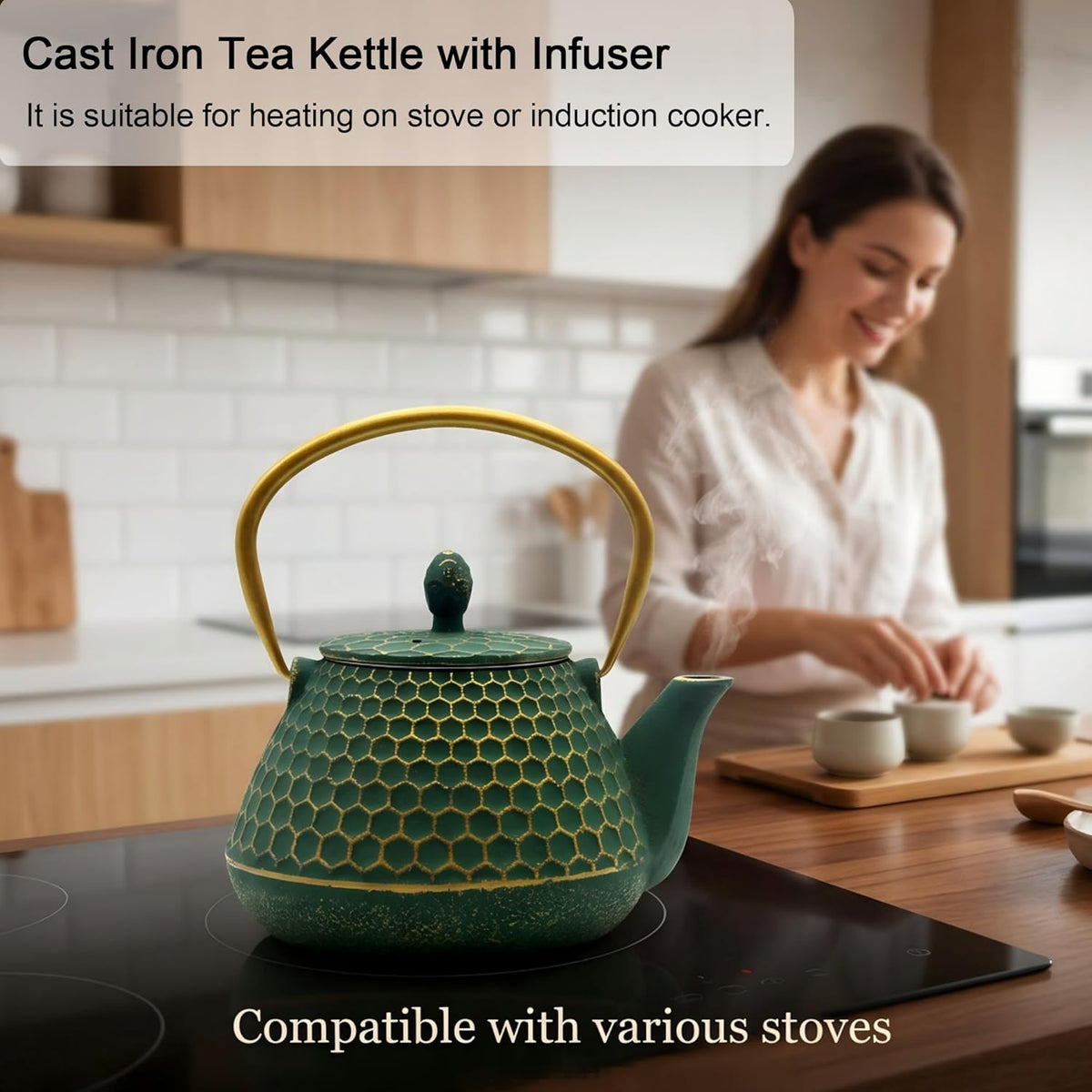 YJX 34oz Cast Iron Tea Kettle for Stovetop, Green Tea Pot for Loose Tea
