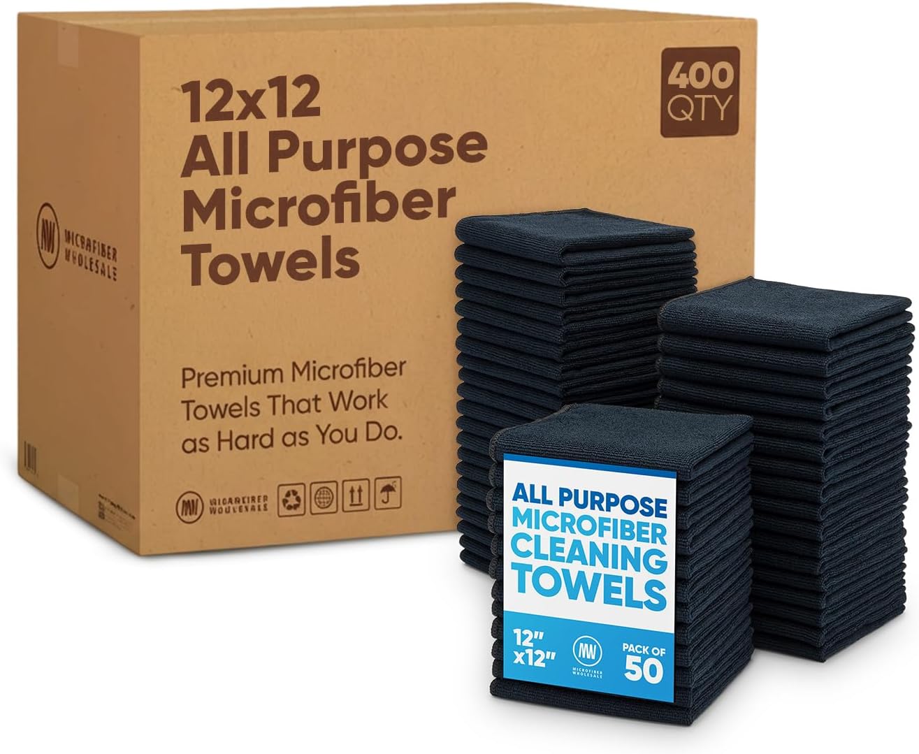 Microfiber Wholesale Bulk Black Microfiber Towels 12" x 12" Case of 400 – High-Density All-Purpose Cleaning Cloths for Car Washes, Auto Shops &amp; Professional Cleaning – No Fraying Reusable Long-Lasting