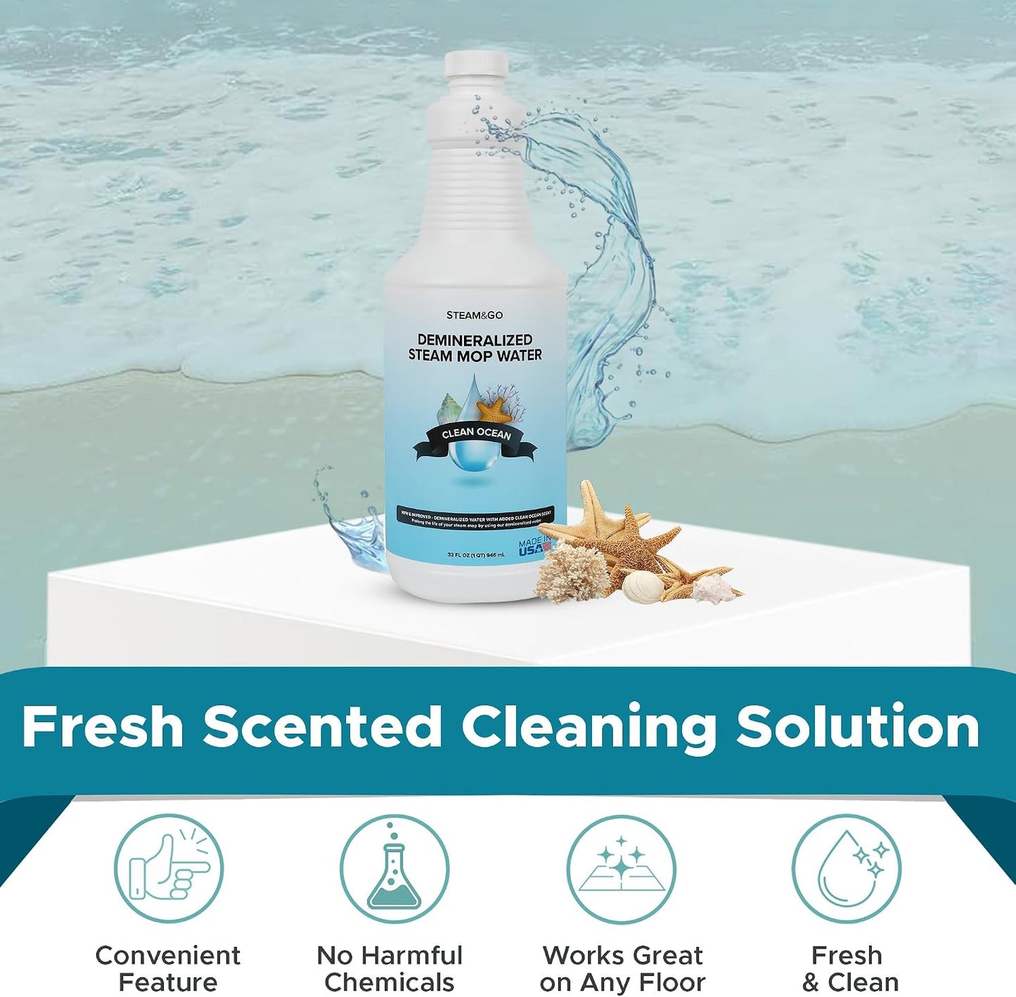Steam &amp; Go Demineralized Water for Steam Mop – Clean Ocean Scent, 32 oz (Pack of 6) | Scented Floor Cleaner Solution, Ready-to-Use, Compatible with Any Steam Cleaner