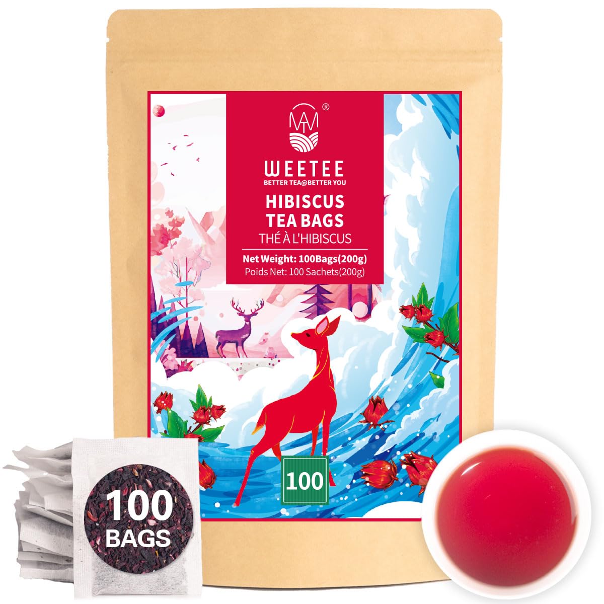 WT WEETEE Hibiscus Tea Bags 100ct, Cold Brew Friendly Pure Hibiscus Flowers | Tangy &amp; Refreshing, 100% Dried Hibiscus Petals with No Additives, Caffeine-Free, Antioxidant-Rich Daily Tea for Hot or Iced