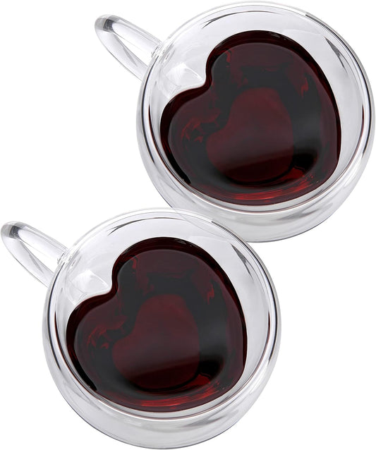 CNGLASS Mothers Day Gifts for Mom,Double Wall Heart Shaped Glass Coffee Mugs 5oz(Set of 2),Insulated Clear Tea Cups with