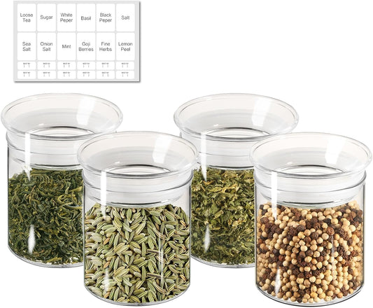 ZENS 10oz Glass Jars with Airtight Lid, 4 Pack Glass Kitchen Canisters Set for Spice, Loose Tea, Small Clear Glass Storage