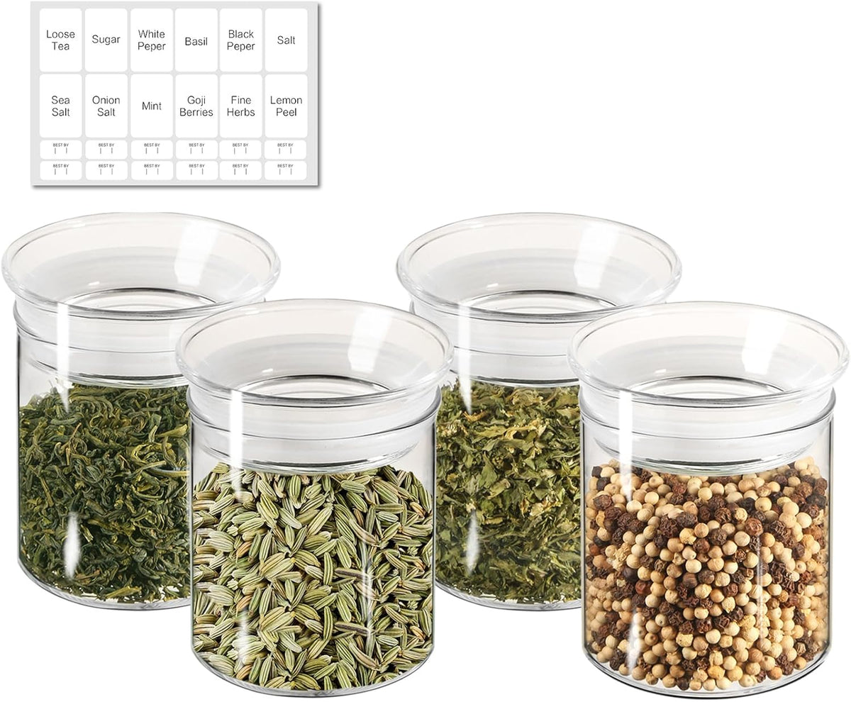 ZENS 10oz Glass Jars with Airtight Lid, 4 Pack Glass Kitchen Canisters Set for Spice, Loose Tea, Small Clear Glass Storage Jars with Labels for Herbs, Sugar | Borosilicate Clear Glass Canisters Set for Spice, Small Tea Jars for loose Tea with Labels for H