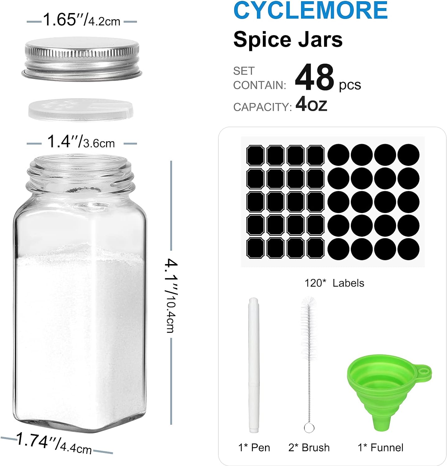 CycleMore 48 Pack 4oz Glass Spice Jars with Metal Caps and Shaker Lid