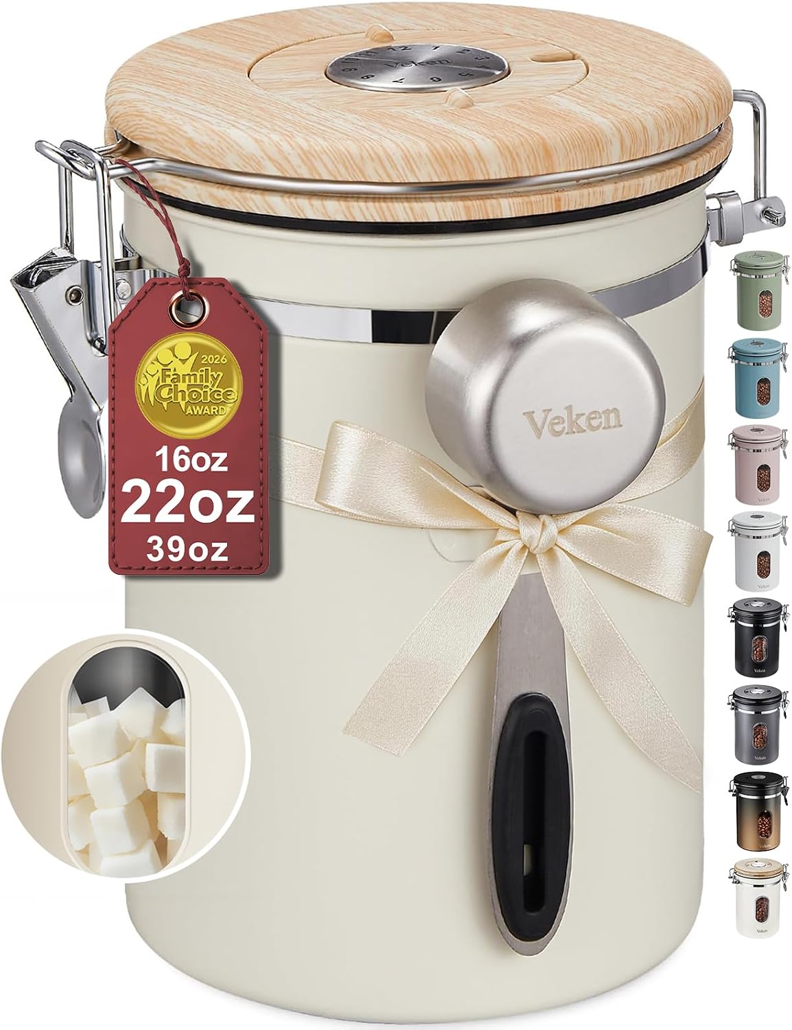 Veken Coffee Canister with Window, Airtight Stainless Steel Container, 22OZ | Gifts For Women, Kitchen Food Storage for Beans,Ground,Espresso,Rice,Tea,Sugar,Cereal,Bar Accessories,Lids,Jars, Scoop, Cream