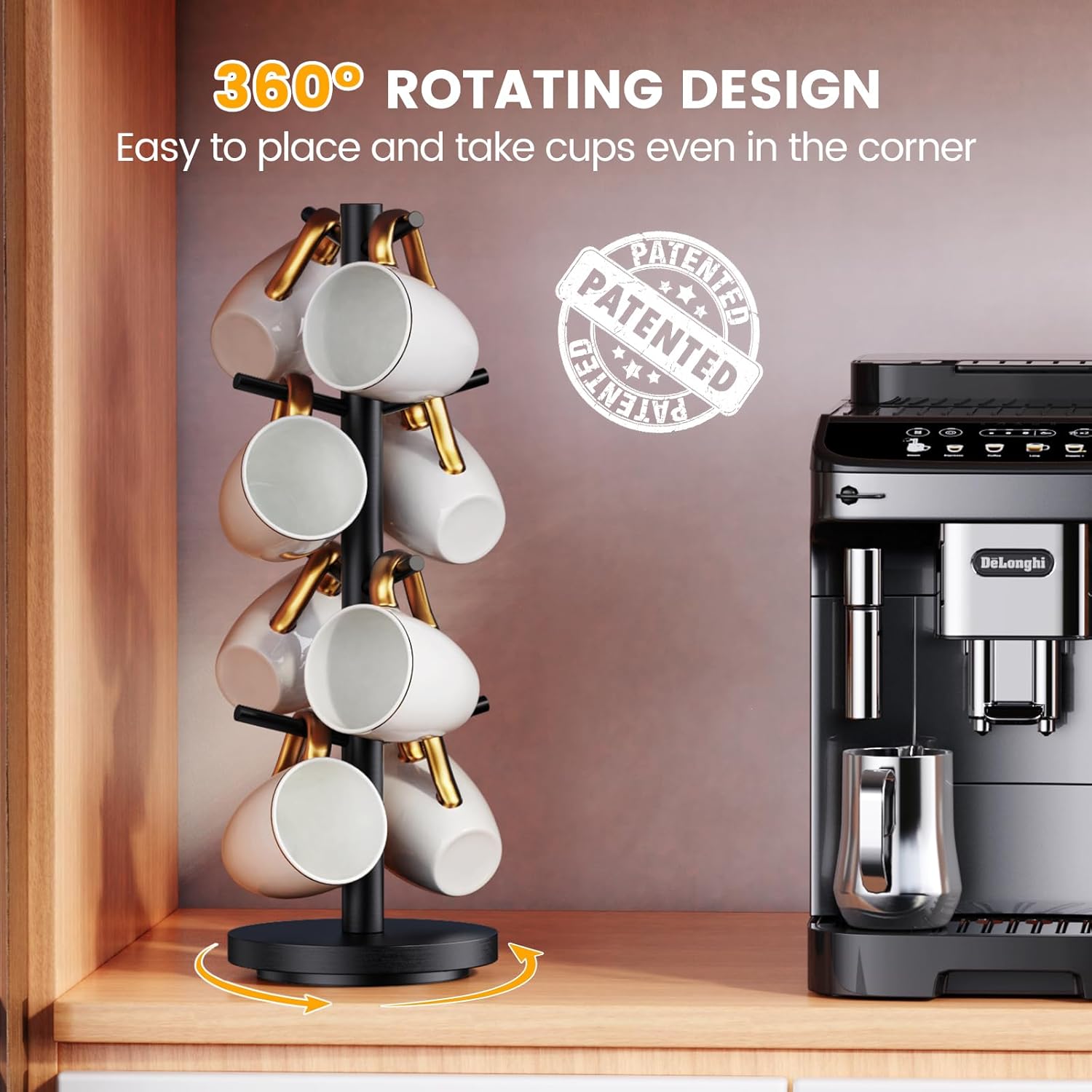 Coffee Mug Holder Tree, Upgraded 360° Rotated Coffee Cup Holder for Counter, Wood Coffee Mug Tree, Coffee Mug Rack with 8