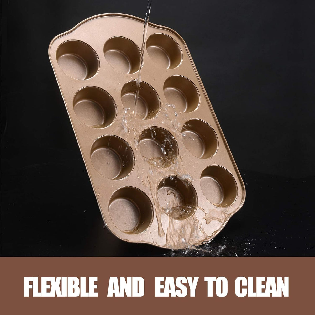 2 Pack Nonstick Muffin Pan Set, 12-Cup Heavy Duty Cupcake Baking Pan with Handles - PFOA-Free Muffin Tin, Rust Proof &amp; Warp Resistant, Oven Safe 430°F (Gold)