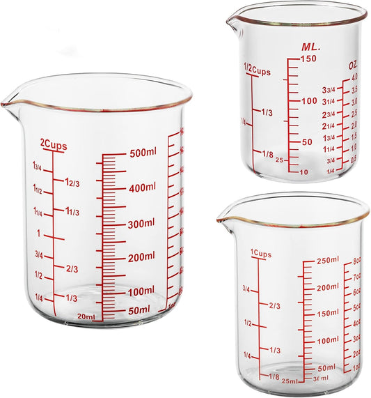 3 Piece Glass Measuring Cup Set, Includes 1/2-Cup, 1-Cup, and 2-Cup High Borosilicate Glasss Liquid Measuring Cups,