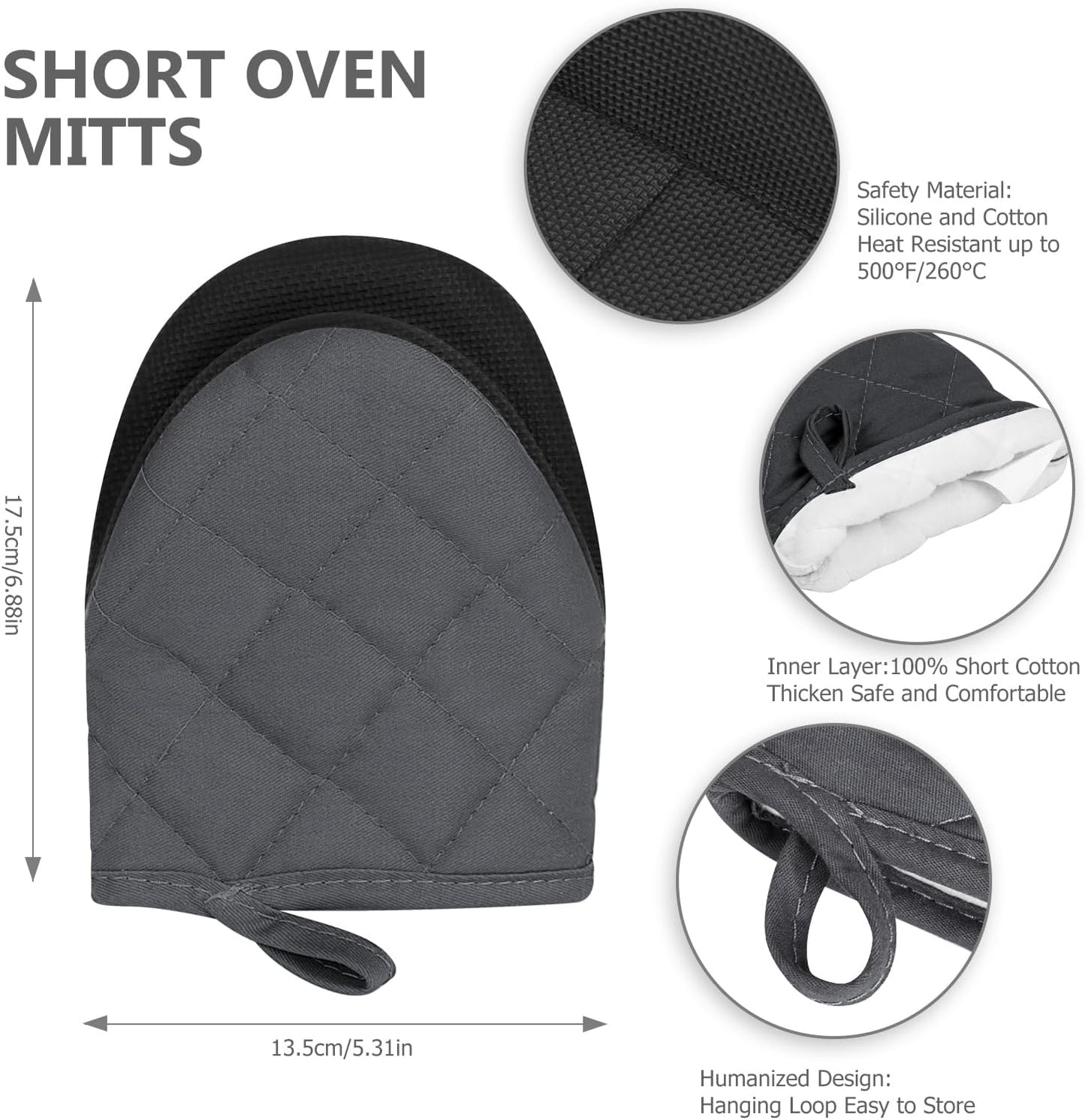 Goldmeet Mini Oven Mitts 2-Pack, 7"x5.5", 500°F Silicone Grip, Cement Gray