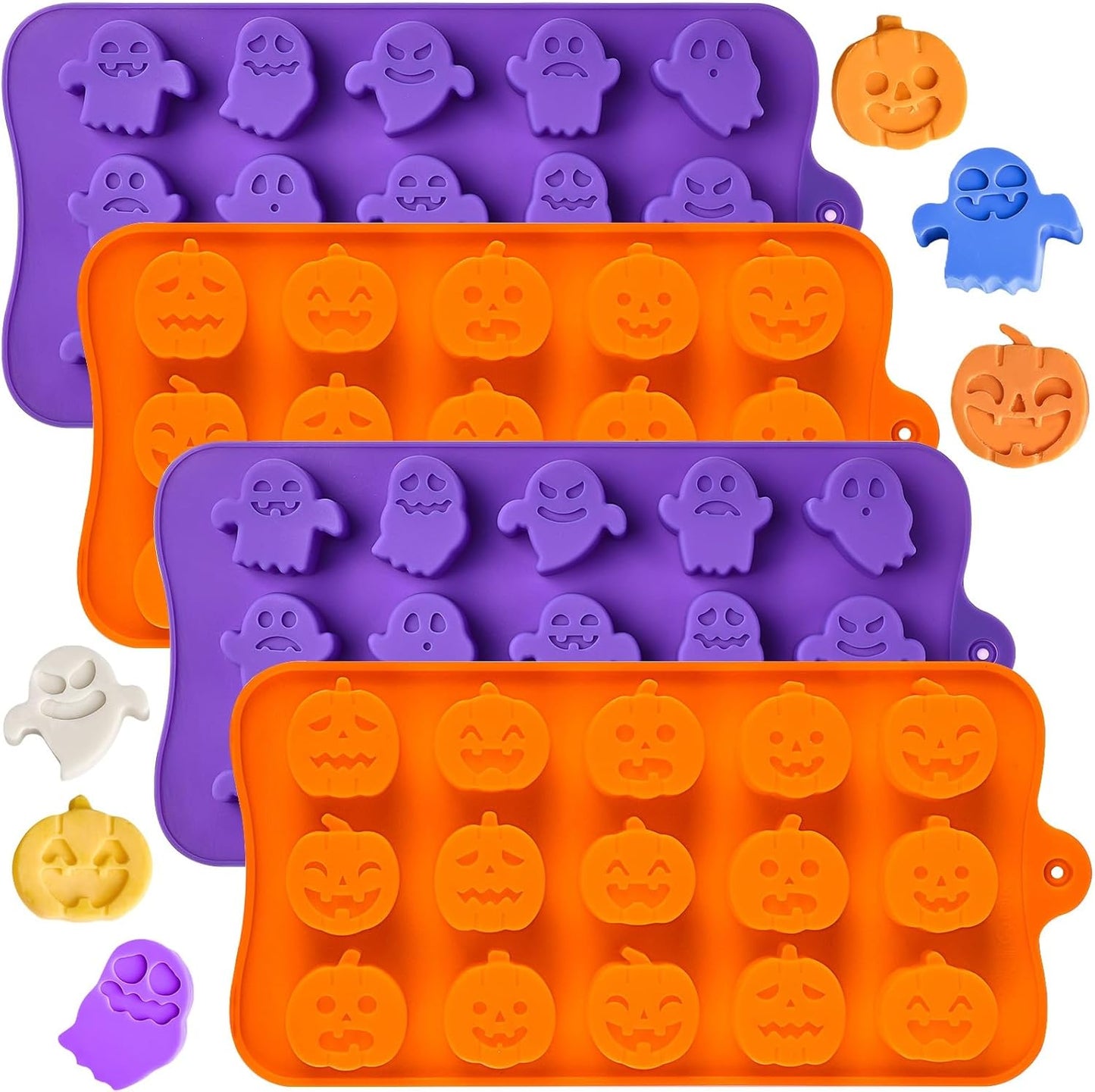 Joersh Halloween Chocolate Silicone Molds, 4PCS Pumpkin Ghost Shaped Candy Mold Non Stick Baking Pan for DIY Chocolate, Fondant, Jello, Gummy, Candy