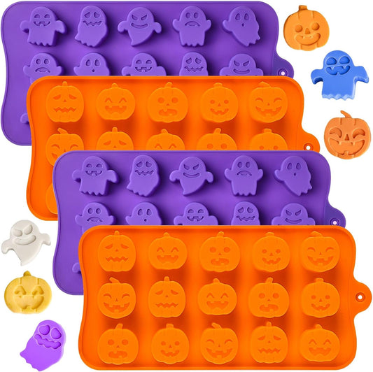 Joersh Halloween Chocolate Silicone Molds, 4PCS Pumpkin Ghost Shaped Candy Mold Non Stick Baking Pan for DIY Chocolate, Fondant, Jello, Gummy, Candy