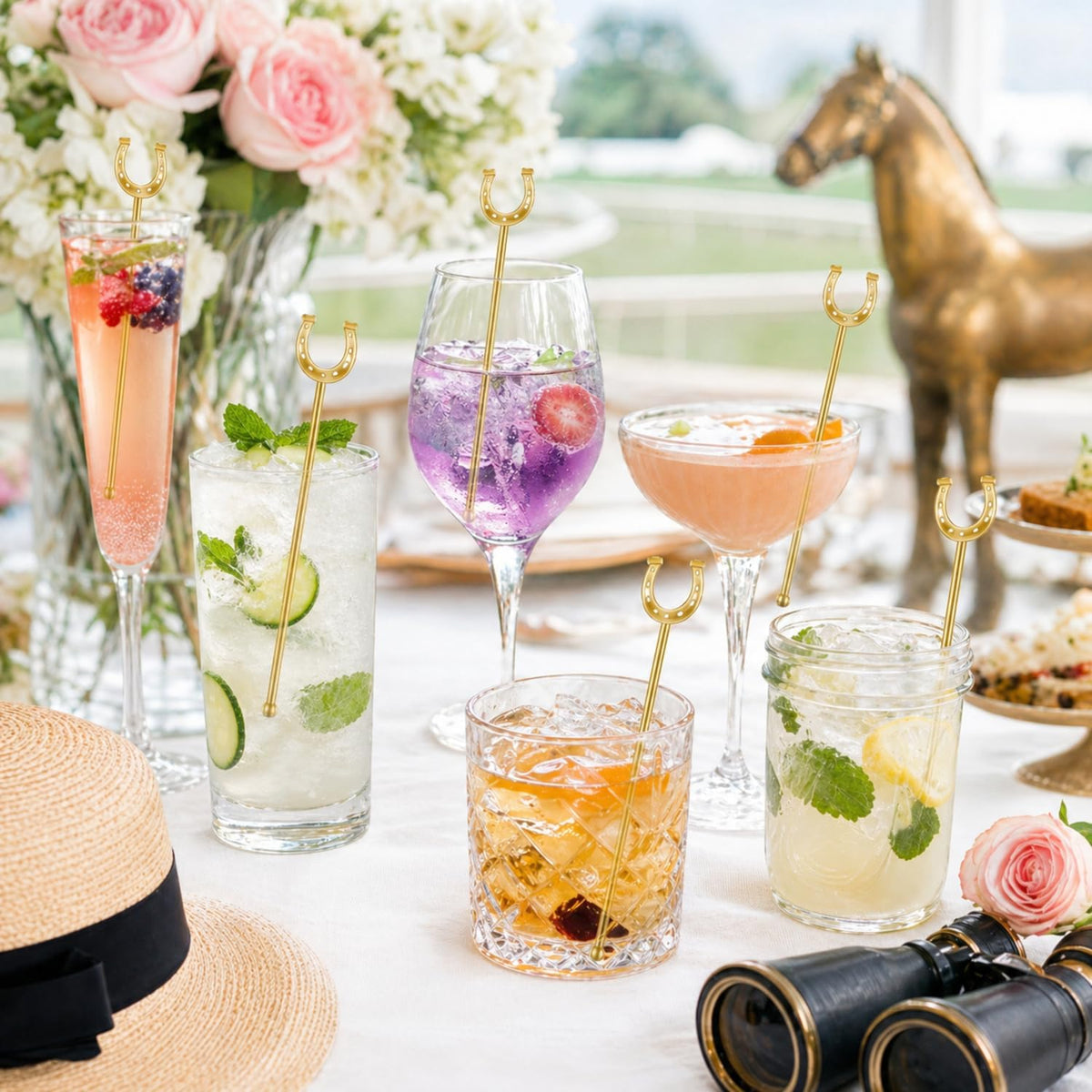 Horseshoe Drink Stirrers 6 Inch Plastic, Gold, 30 Pcs | Reusable U Shaped Swizzle Sticks for Cocktails Coffee, Party Bar Decorations for Derby Themed Weddings Events