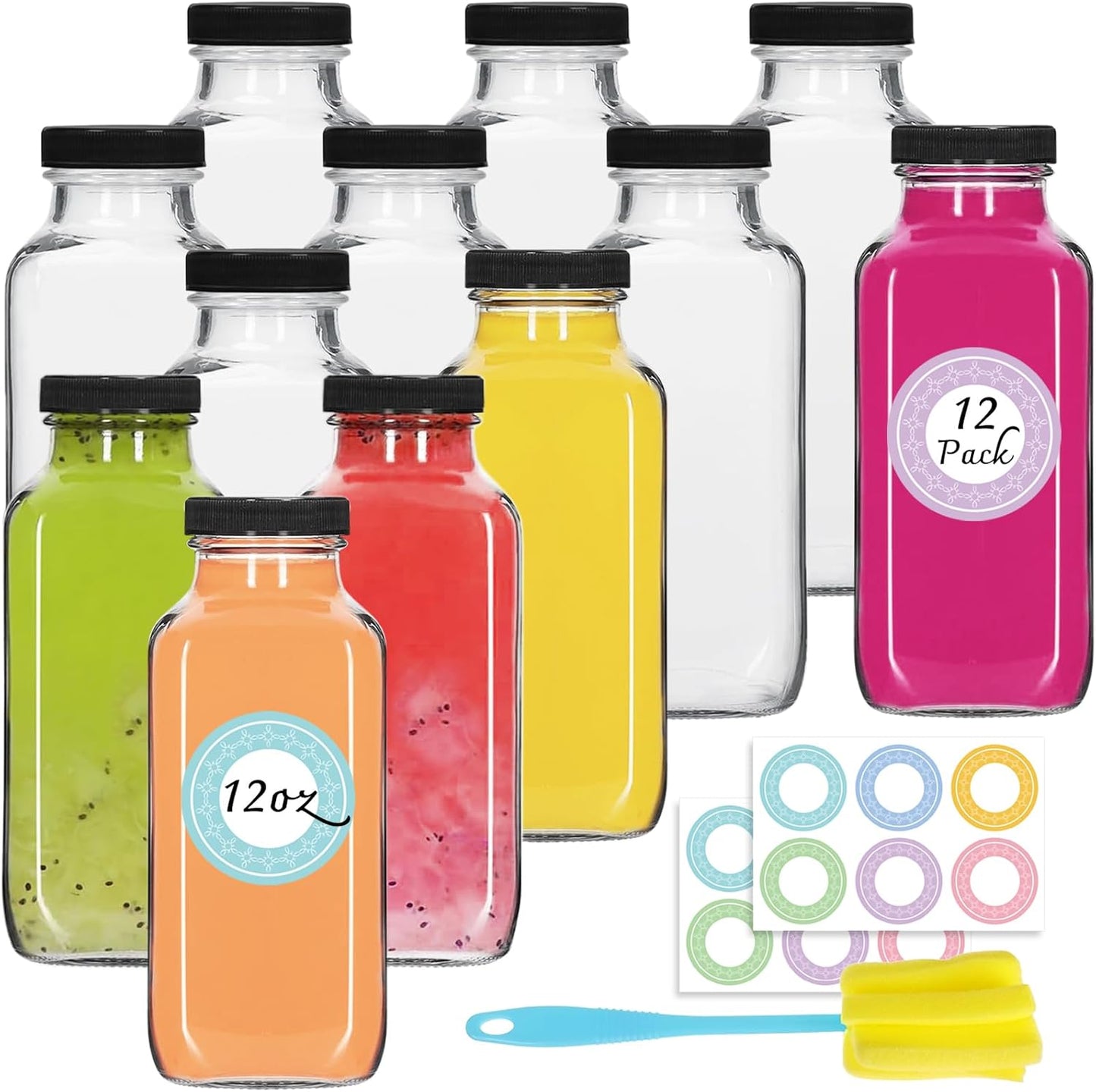 12 pack 12 oz Glass Juice Bottles with Lids, 360 ml Reusable Glass Water Bottles, Empty Drink Contai