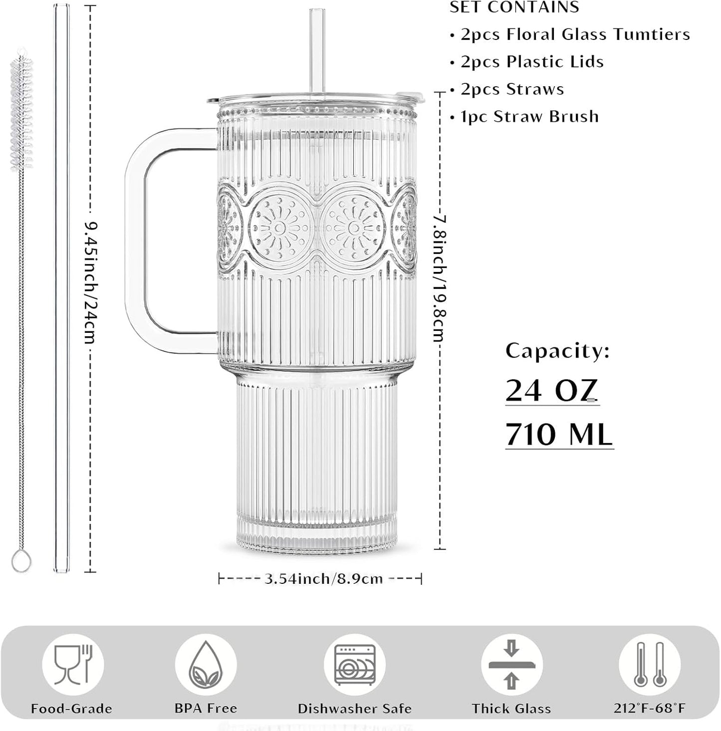 INSETLAN 24 oz Ribbed &amp; Floral Glass Tumblers with Handle, Set of 2 Cups | Iced Coffee Cups with Lids and Straws, Reusable Glass Mugs for Water, Smoothie, Tea, and Juice – Ideal for Daily Use &amp; Travel