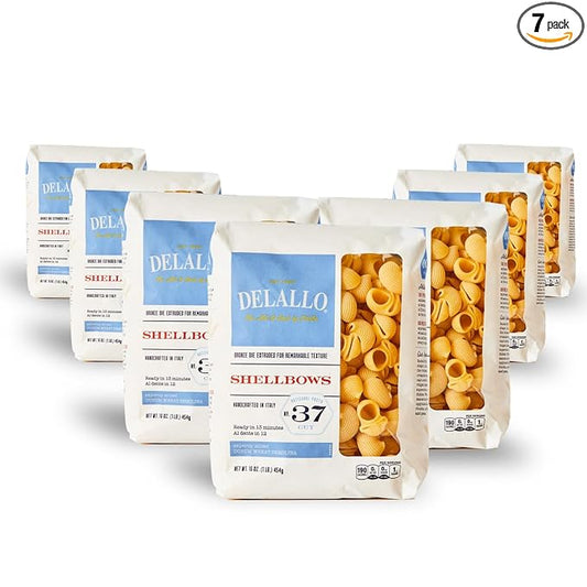 DeLallo Shellbows Semolina Pasta, 1 Pound Bag, 7 Pack, Product of Italy, Made with Durum Wheat Flour, Shell-Shaped Noodles