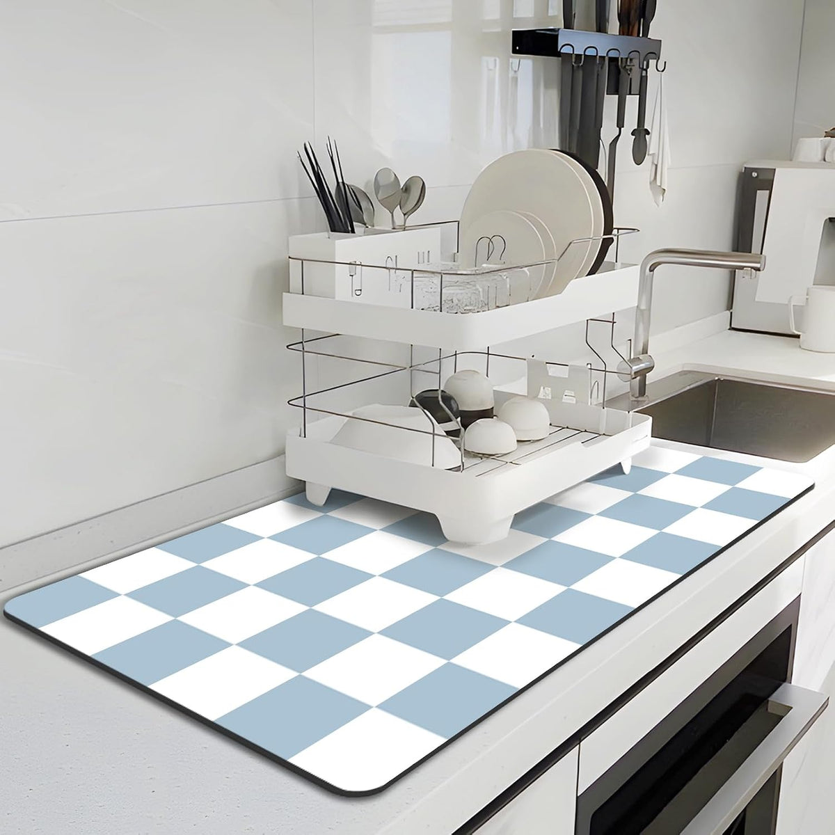 Dish Drying Mat for Kitchen, 16'' x 24'' Checkered Coffee Bar Mat for Countertops, Coffee Station Mat with Non-slip Rubber Backed, Absorbent Dish Dying Pat for Kitchen Counter, Blue &amp; White
