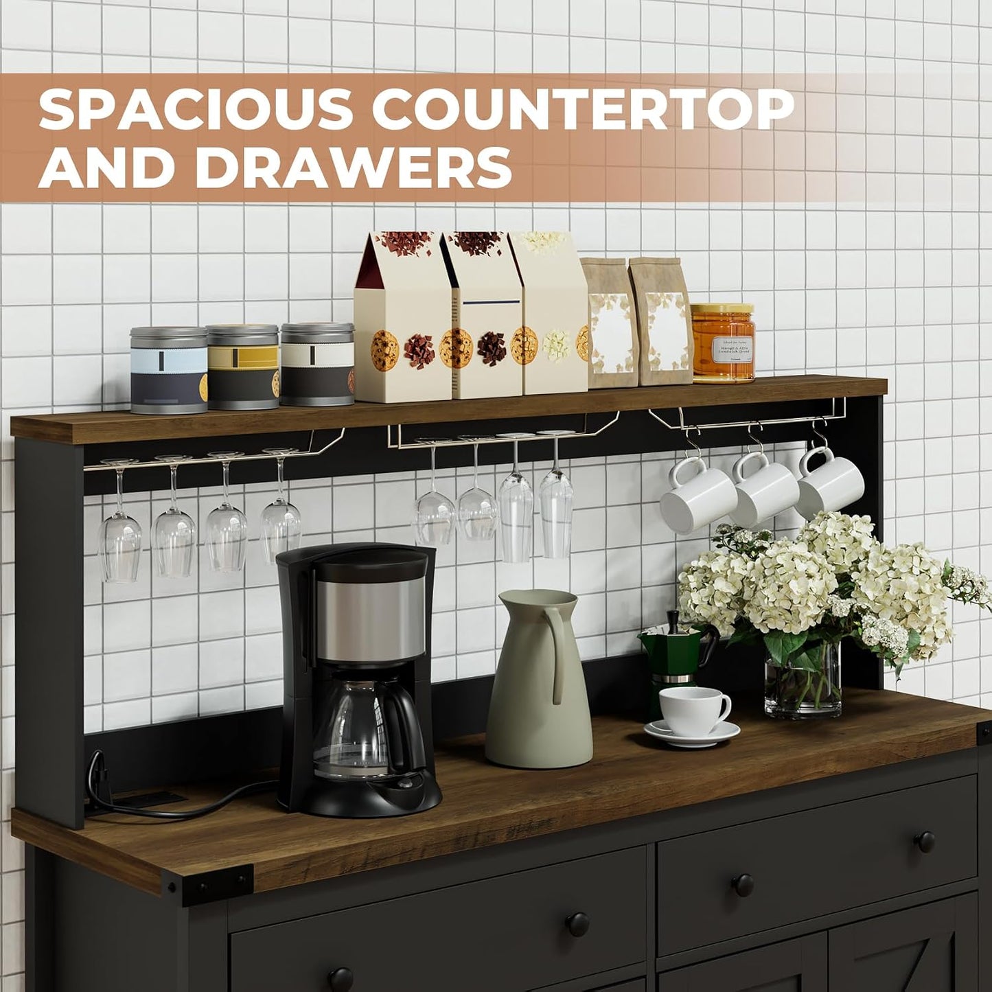 VVFLU Hutch Storage Cabinet Buffet with Drawers, and Charging Station, Coffee Bar Cabinet with Barn Doors, Wine Rack and Hooks, Countertop, Long Farmhouse, Black, for Kitchen, Dining Room, 54.1" High