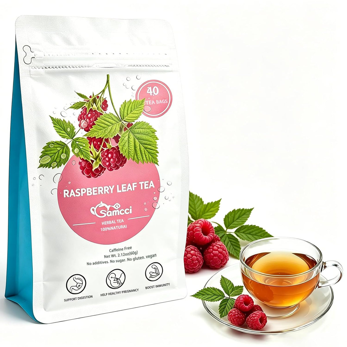 Samcci Raspberry Leaf Tea Bag, 40 Count, Natural Pregnancy Tea | Pure Red Raspberry Leaf Herbal Tea, Traditionally Used For Women's Wellness And Menstrual Support, Non-GMO, Caffeine-free