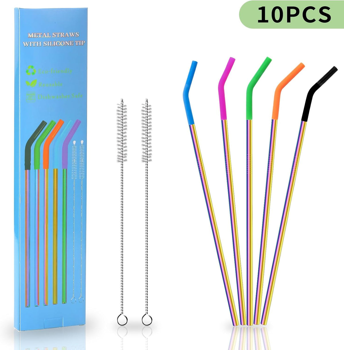 Lazycorner 10 Pcs Metal Straw Reusable 8.5" 6mm Stainless Steel Straws