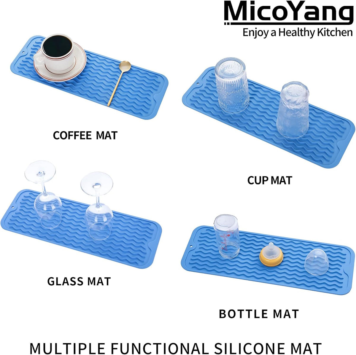 Silicone Dish Drying Mat for Multiple Usage,Easy clean,Eco-friendly,Heat-resistant Silicone Mat for Kitchen Counter,Sink,Bar,Bottle,or Cup Lichen Blue M 17 inches x 6 inches