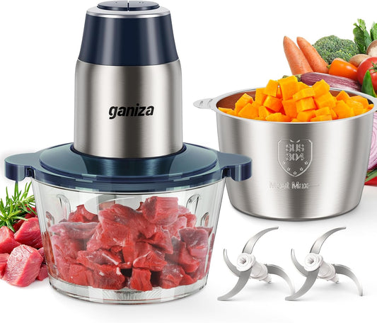 GANIZA Food Processors, Electric Chopper with Meat Grinder & Veggie Chopper - 2 Bowls with Powerful Copper Motor - Includes 2 Sets of Bi-Level Blades for Baby Food/Meat (Blue, 8 Cup+8 Cup)