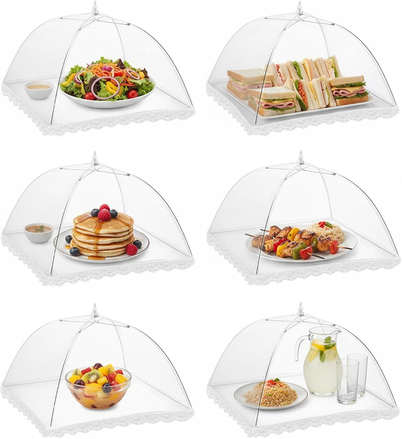 6 Pack Mesh Food Covers 17 Inch, White Pop-Up Food Tents, Collapsible Umbrella Screen Covers for Parties, BBQs, Picnics