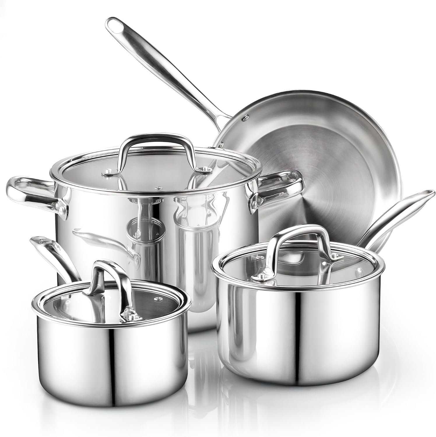Cook N Home 7-Piece Tri-Ply Clad Stainless Steel Cookware Pots & Pans Set | Fully Clad Stockpot & Saucepan with Lids, Fr