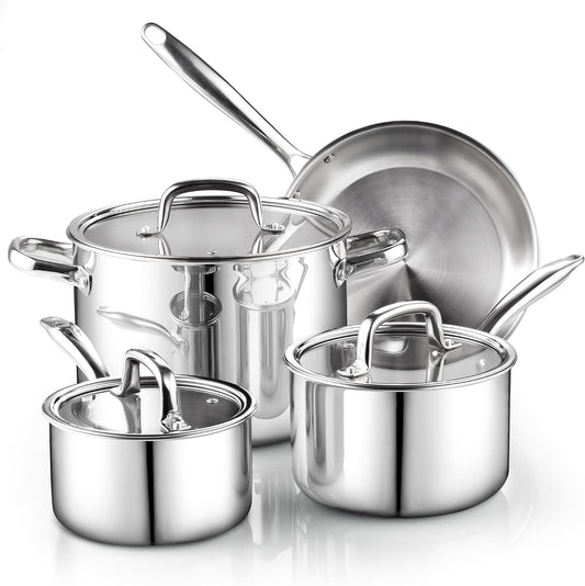Cook N Home 7-Piece Tri-Ply Clad Stainless Steel Cookware Pots & Pans Set | Fully Clad Stockpot & Saucepan with Lids, Fr