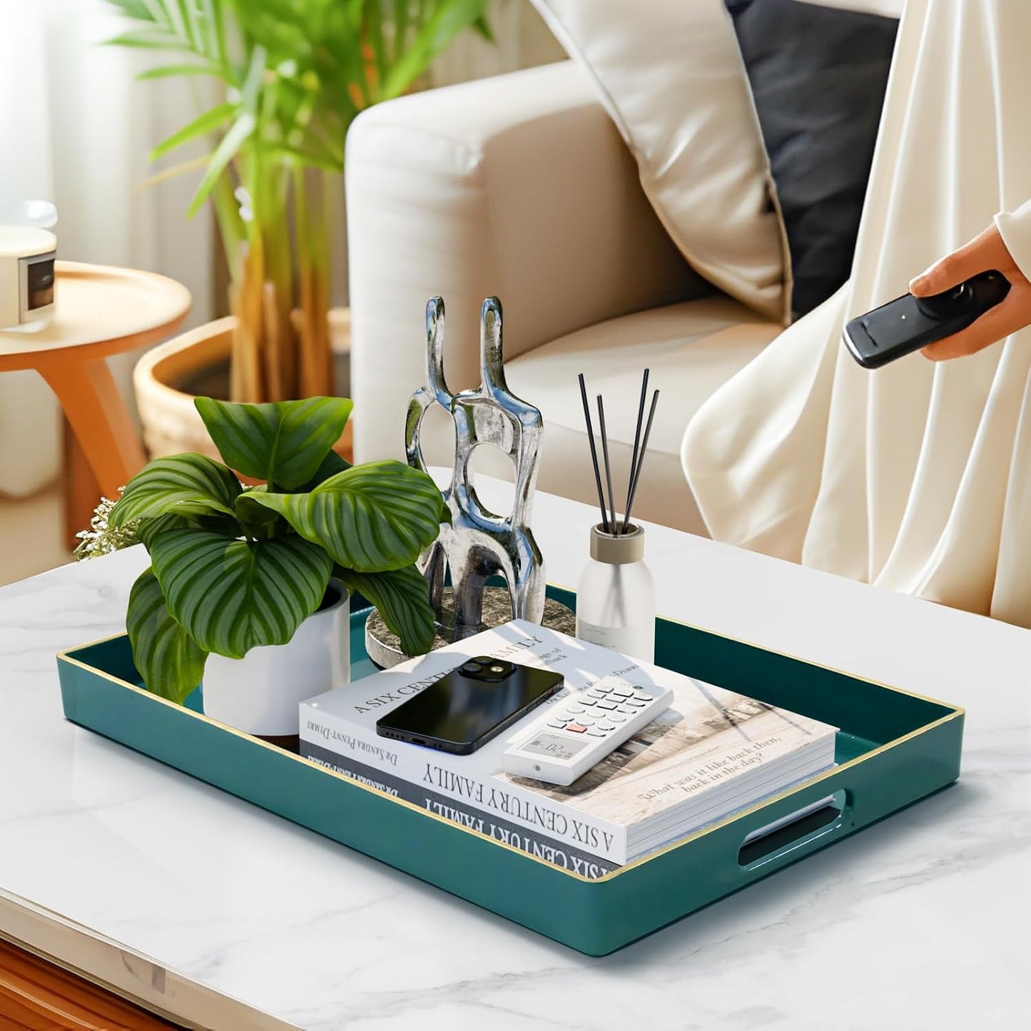 MAONAME Teal Decorative Tray for Coffee Table, Serving Tray with Handles | Plastic Melamine Tray, Modern Ottoman Tray, Rectangular Countertop Organizer Tray for Living Room, 15.8"L x 10.2"W x 1.4"H