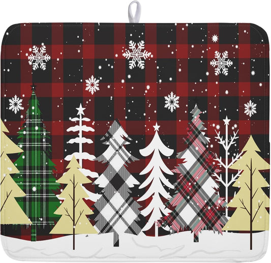 Christmas Dish Drying Mat for Kitchen Counter 16”x18” Christmas Tree Buffalo Plaid Dish Draining Mat Ultra Absorbent Microfiber Pad Holiday Mats Fast Drying Mat Table Protector for Countertop Bar