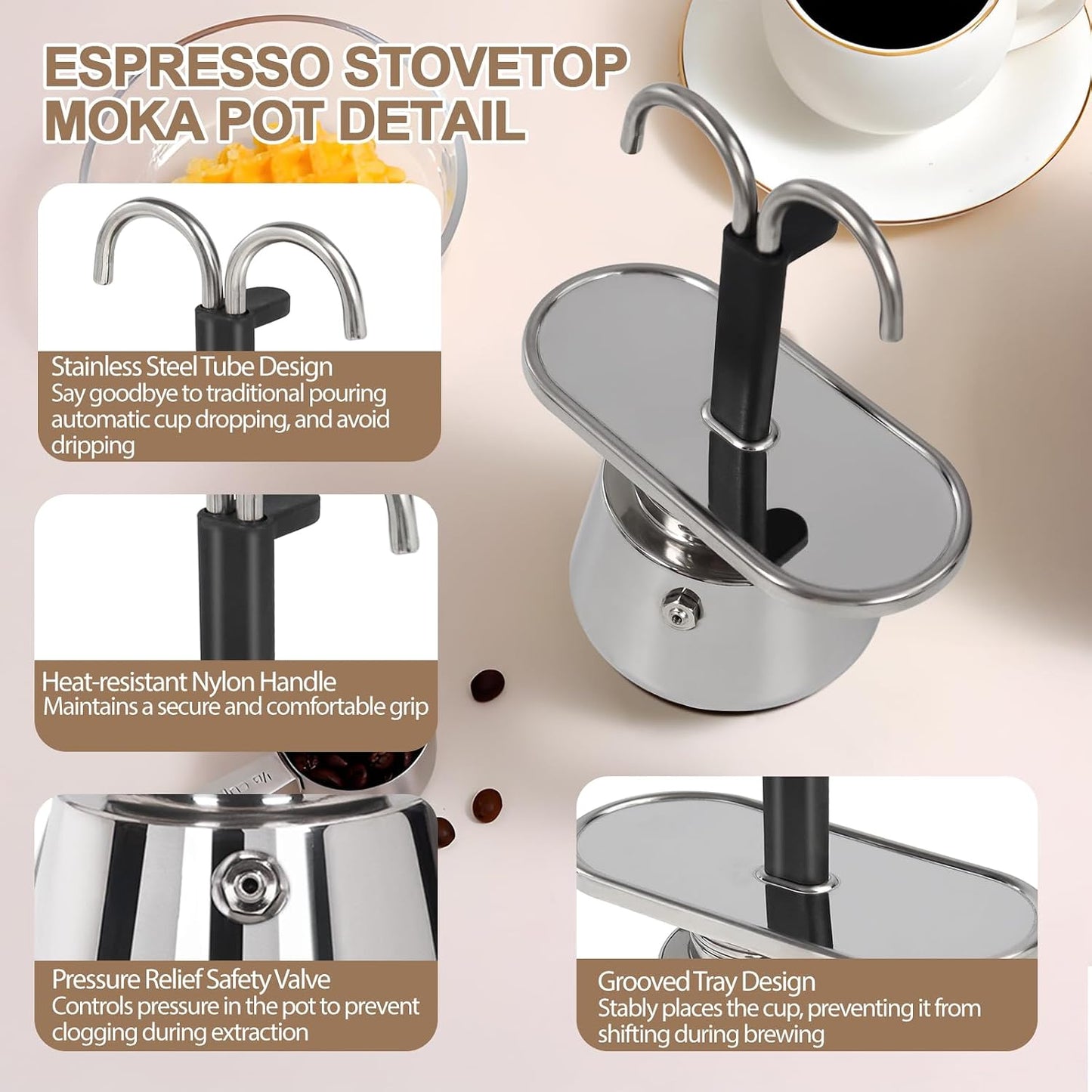 Uncoated 2 Cup Dual Pipe Moka Pot 304 Thickened Stainless Steel | Mini Coffee Maker Stovetop Espresso Coffeemaker Italian Classic Style Brewing Greca Cafe Machine for Cafeteras Travel 150ml