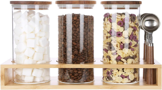 KKC HOME ACCENTS Sealed Glass Containers with Airtight Wood Lids and Scoops for Kitchen Counter,Sealed Jars for Flour,Brown