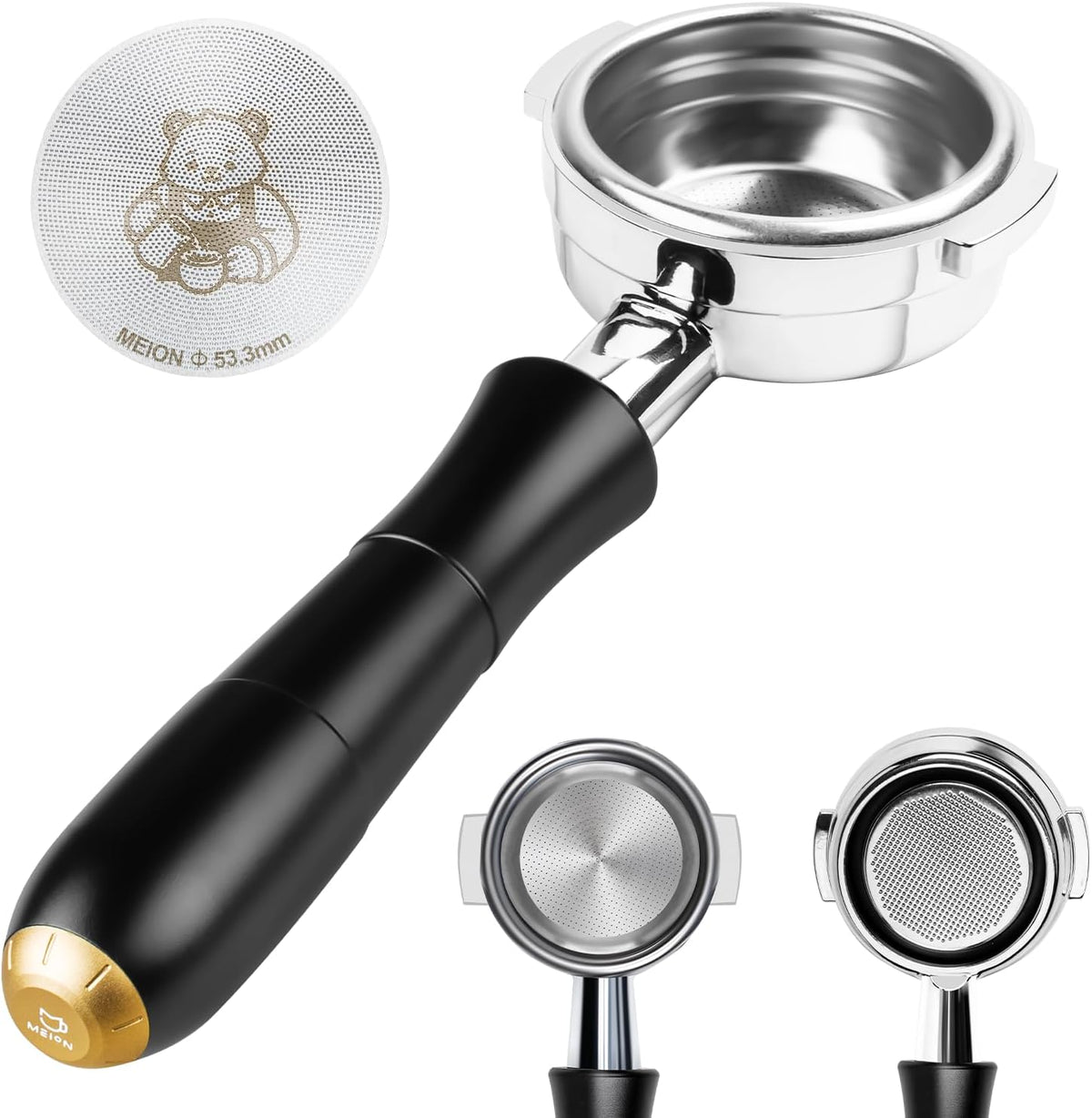 MEION 58mm Bottomless Portafilter with Anodized Aluminum Handle for E61, Rocket, Sanremo, Slayer, Flair 58, ECM, Espresso Portafilter with Stainless Steel 18g Filter Basket and Puck Screen