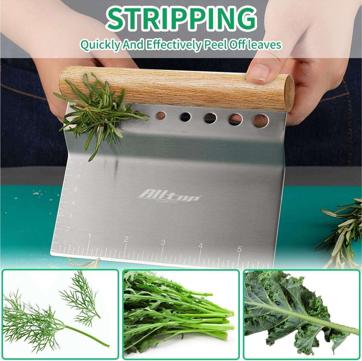 ALLTOP Dough Bench Scraper/Cutter/Chopper, 1 Pack | Stainless Steel Blade, Herb Stripper, Scale Ruler, Leaf Remover