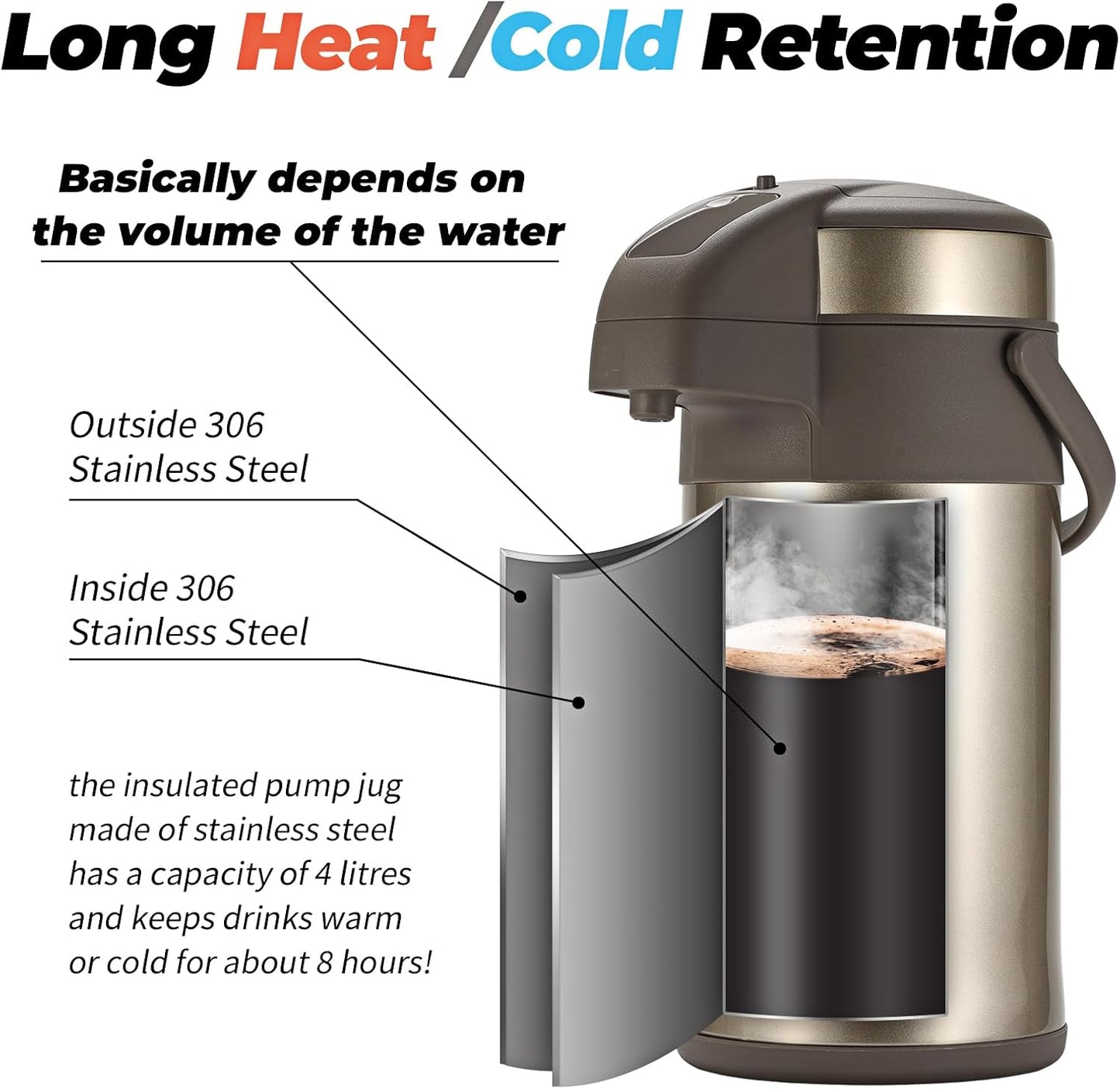 OJOJ 4L/133OZ Thermal Coffee Carafe with Pump, Thermal Beverage Dispenser, Coffee Airpot Stainless Steel Coffee Carafe for Hot Drinks Gold