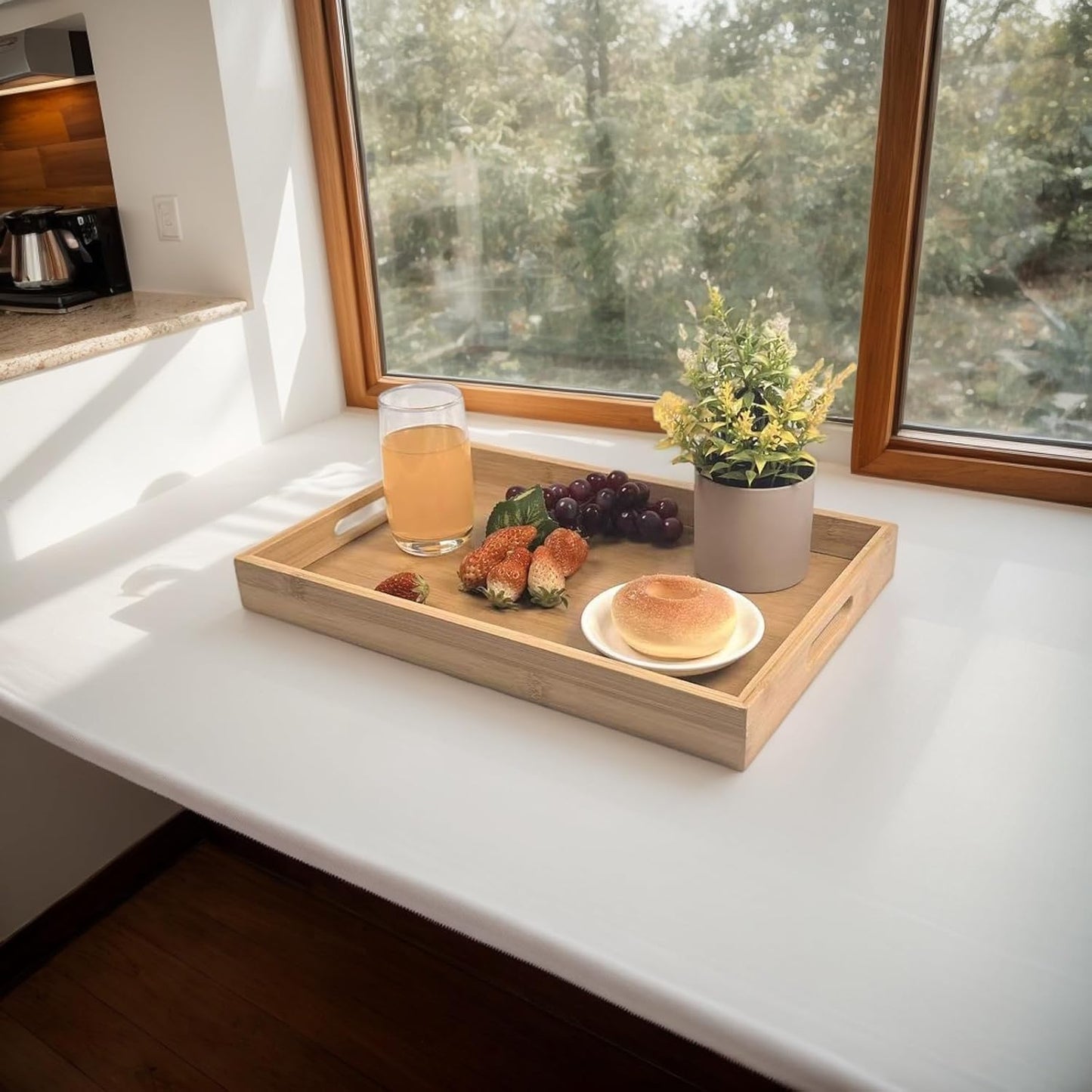 14.9''x10.2''x1.57'' Bamboo Wooden Tray with Handles, Rectangular Natural Solid Wood Dinner Tray, Bamboo Wood Original Color. Suitable for Kitchen,Bedroom, Coffee, Party bar.