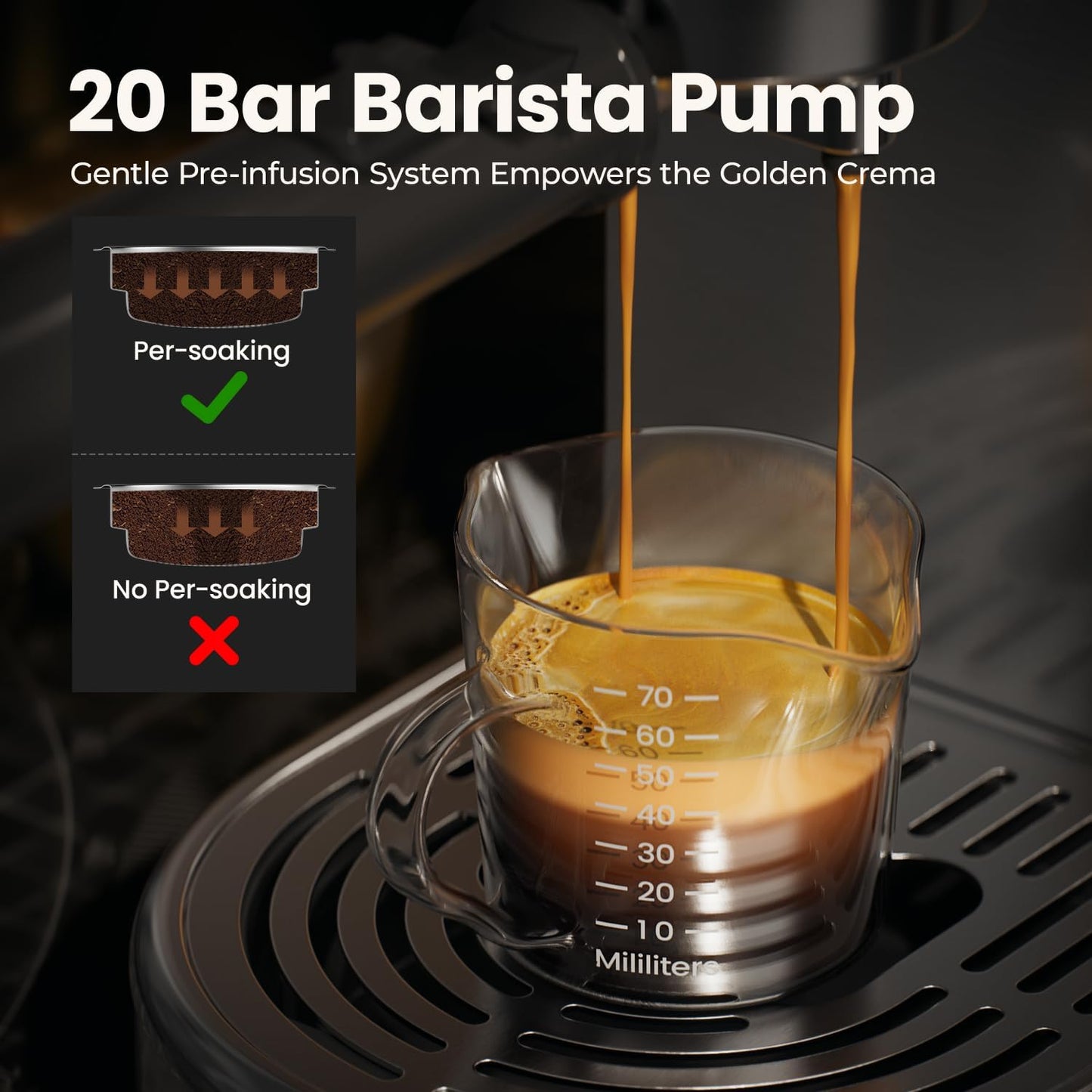 Espresso Machine - 20 Bar Espresso Maker with Milk Frother Steam Wand, Coffee Maker for Latte &amp; Cappuccino, 1450W Semi-Automatic Coffee Machine with 34oz Removable Water Tank, Compact Kitchen
