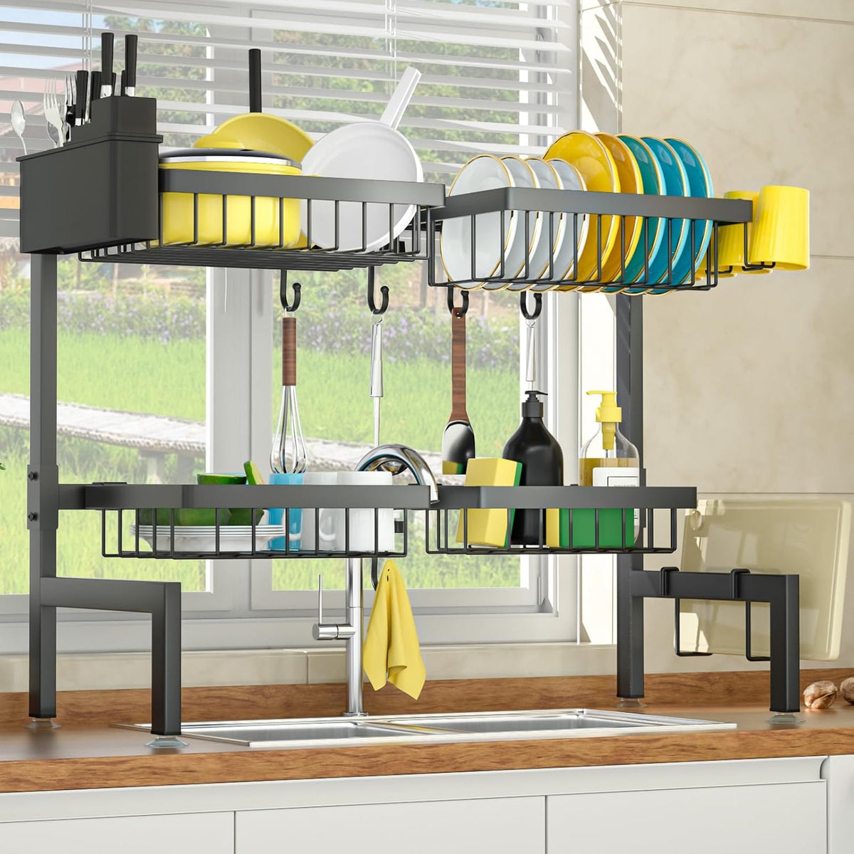 SNSLXH 4 Baskets 2-Tier Over The Sink Dish Drying Rack, 26.57"-35"