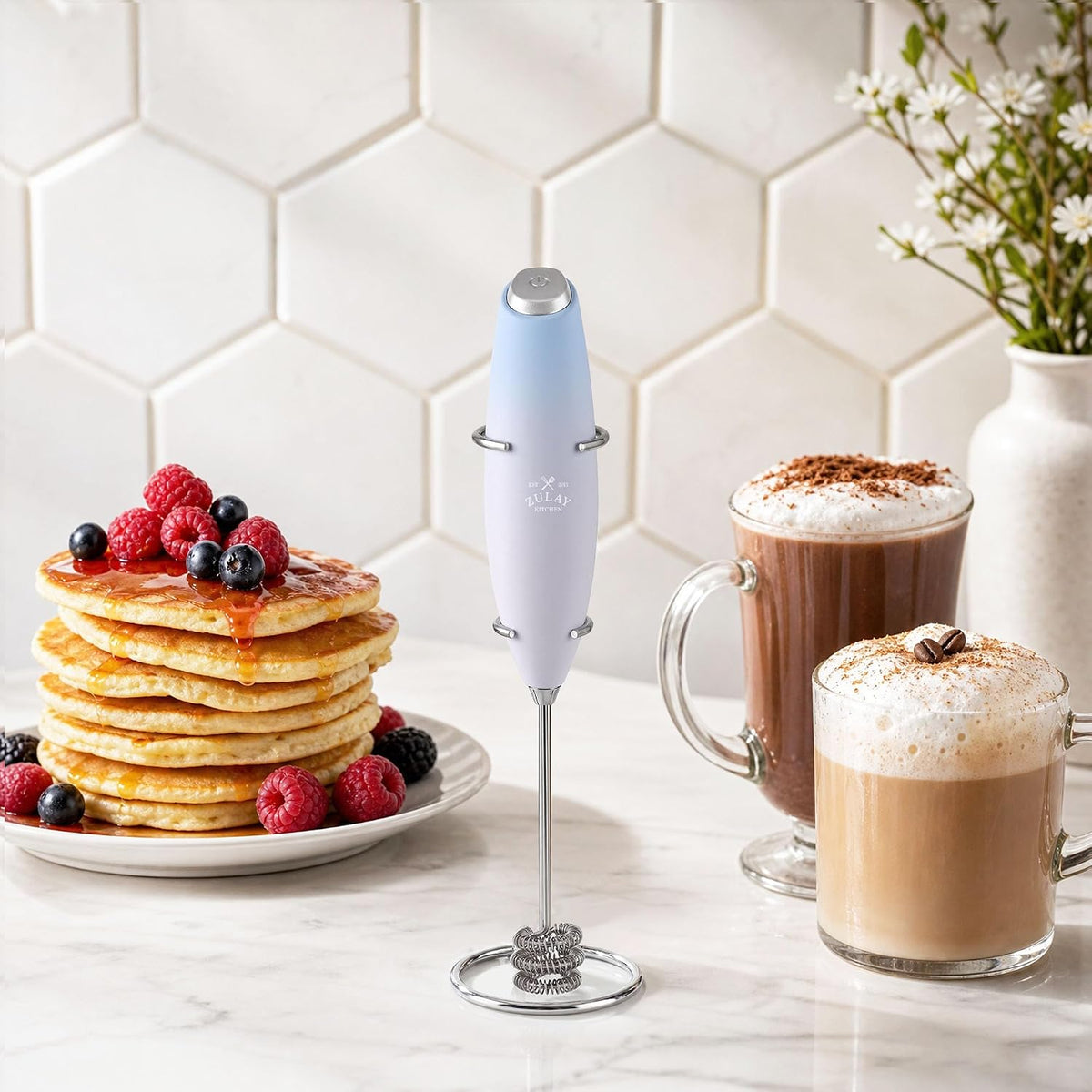 Zulay Kitchen Powerful Milk Frother Wand With Duracell Batteries - Ultra Fast Handheld Drink Mixer - Electric Whisk Foam Maker for Coffee, Lattes, Cappuccino &amp; Matcha - Triple Whisk - Pale Cloud
