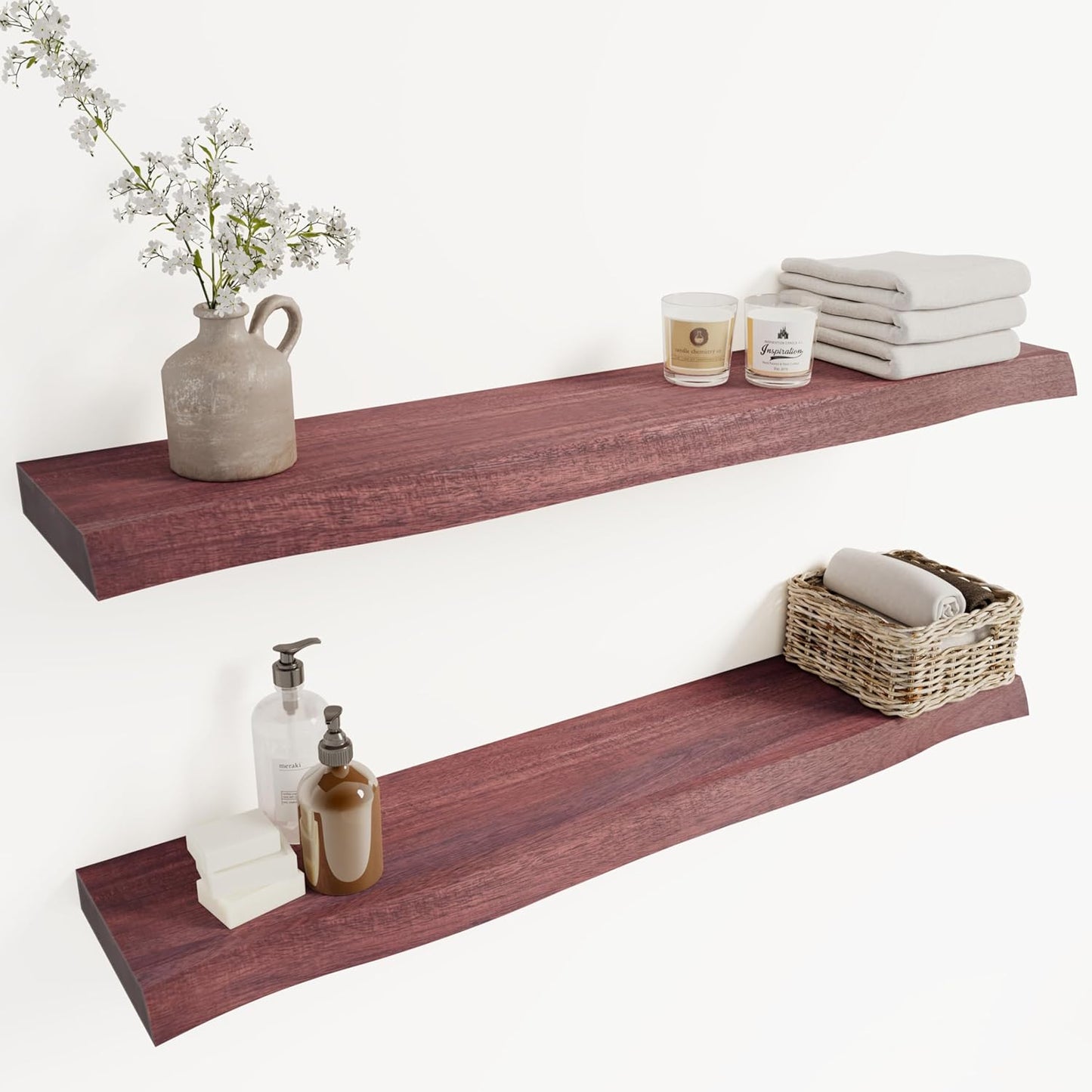 Howizz 36'' Live Edge Floating Shelves for Wall, Acacia Wood Wall Mounted Shelves with Invisible Brackets, Rustic Wooden Shelf Set of 2 for Living Room, Bedroom, Bathroom, Kitchen Decor, Cherry