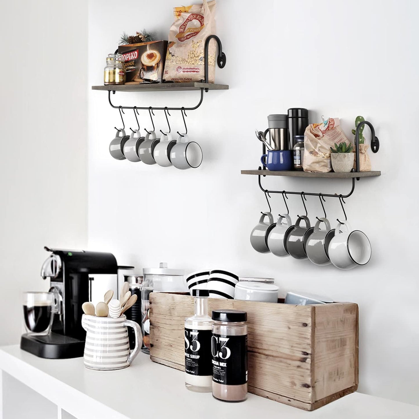 Olakee Floating Wall Shelves for Bathroom Kitchen Coffee Nook with 10 Adjustable Hooks for Mugs Cooking Utensils or Towel Rustic Storage Shelves Set of 2/17x5.9 inch (Weathered Grey)