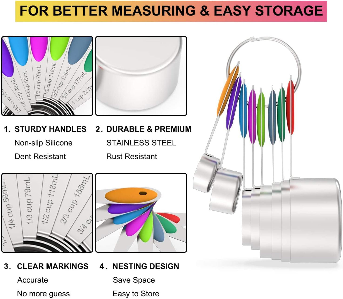 Wildone Stainless Measuring Cups and Spoons Set with Silicone Handle, 16pcs | 8 Measuring Cups and 8 Measuring Spoons, Nesting Design, Heavy Duty for Measuring Dry/Liquid Ingredients, Multicolor