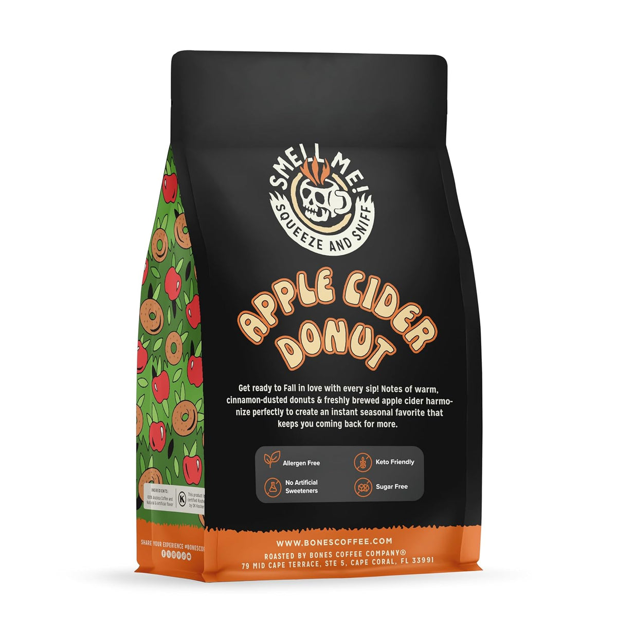 Bones Coffee Company Apple Cider Donut Flavored Coffee, Medium Roast Low Acid Arabica Beans Compatible with Auto drip and French Press Coffee Maker, 12 Oz Ground