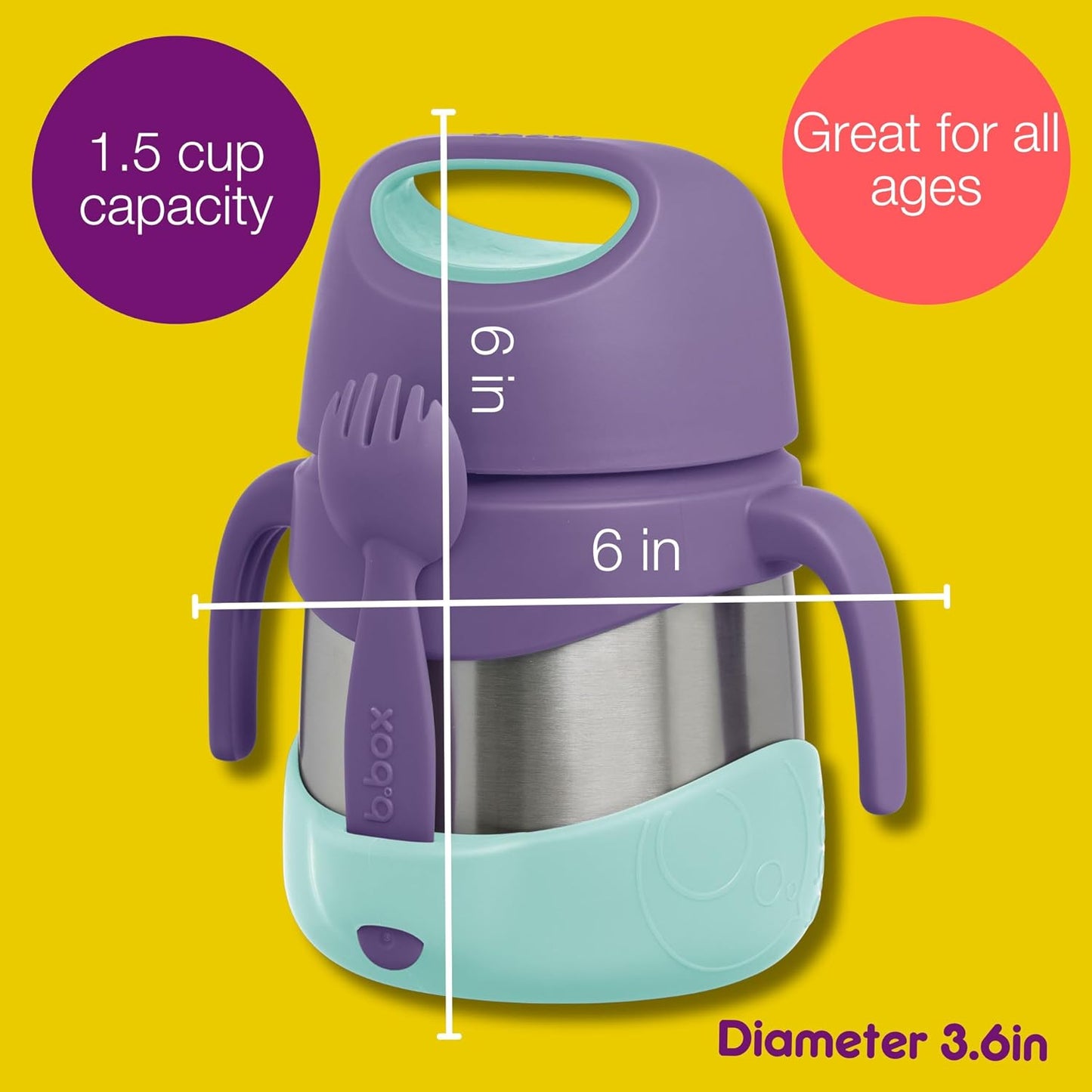 b.box Insulated Food Jar with Spork, 11 oz Lunch Containers for Kids | Stainless Steel Lunch Box for Kids, Food Containers, Warm 5 Hours, Easy Open, Dishwasher Safe, BPA Free — Lilac Pop