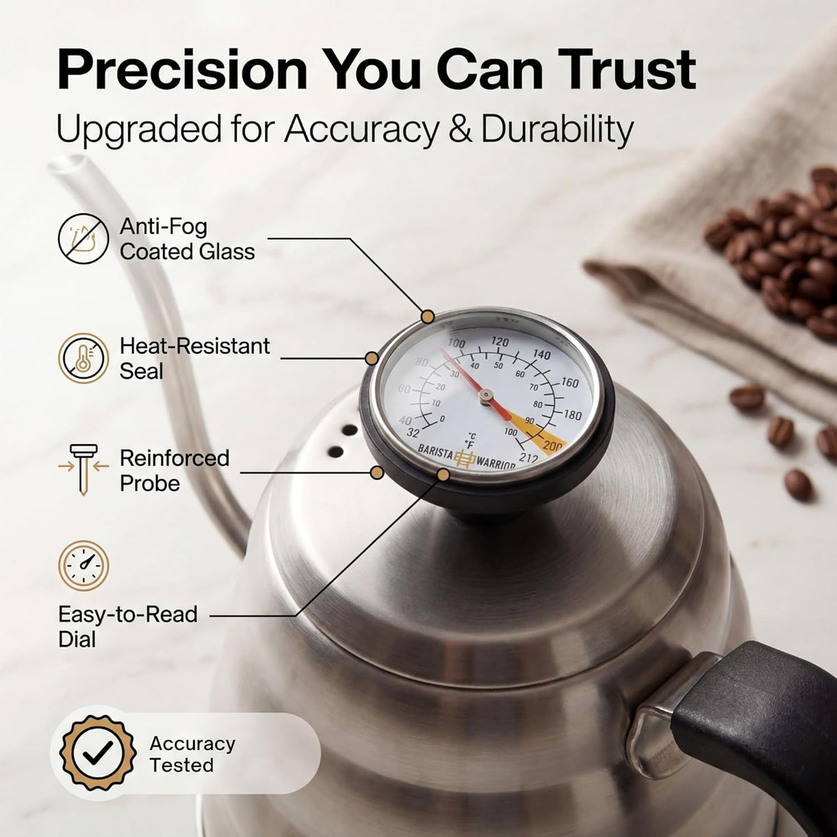 Barista Warrior Gooseneck Kettle with Thermometer - 1L Pour Over Coffee &amp; Tea Kettle, 18/8 Stainless Steel Gooseneck Kettle Pot, Precision Pour Drip Spout, Suitable for All-Stoves (34 fl oz)