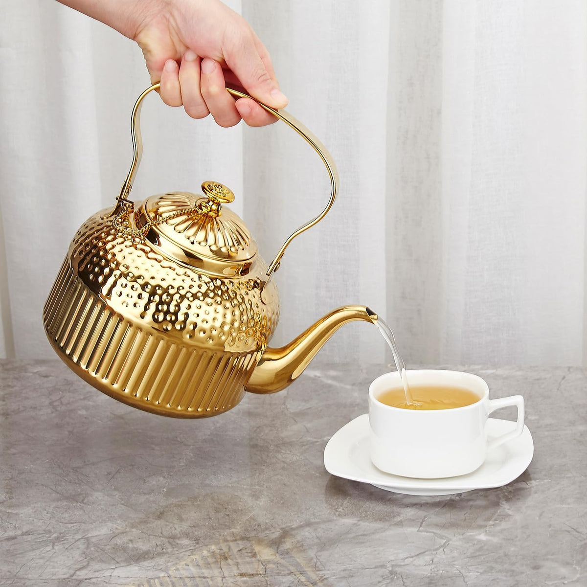 SANQIAHOME Antique 1.8L (60 Oz) Stainless Steel Teapot with Infuser Gold